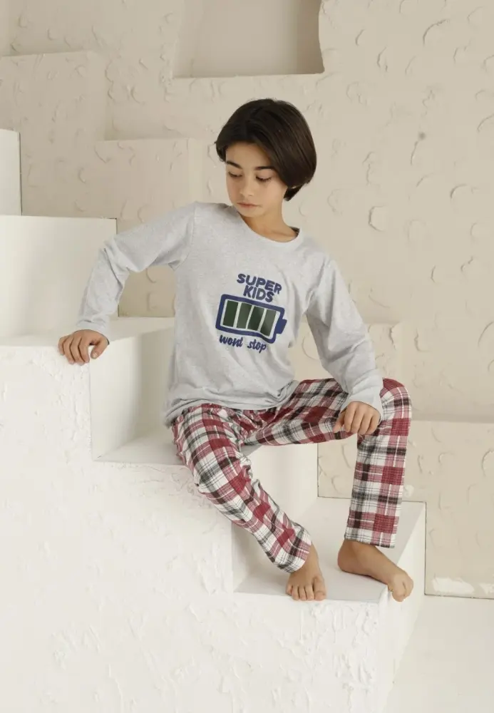 Pijama Băieți, Mânecă Lungă si Pantaloni Lungi, Imprimeu Super Kids,Culoare Gri,Engros